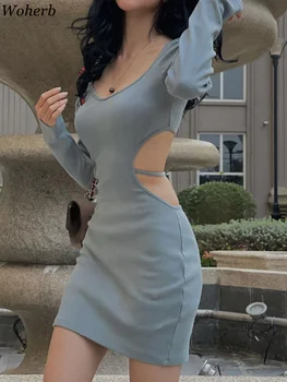 Woherb Сексуальное Трикотажное платье в рубчик с длинным рукавом, Женское Сексуальное платье с открытой спиной, Элегантные Вечерние платья-футляры, модный Халат Vestido Femme