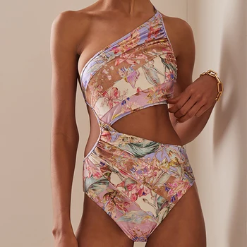 Винтажный купальник с цветочным принтом на одно плечо и комплект для прикрытия, бразильский купальник, летняя пляжная одежда, купальный костюм