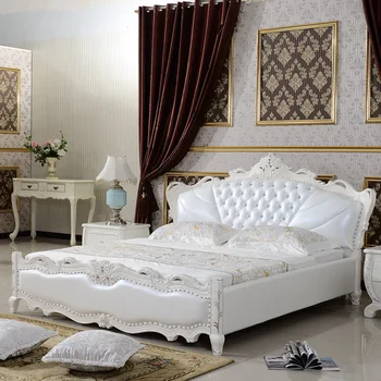 Современная европейская кровать из массива дерева для 2 человек, модная резная кожаная французская мебель для спальни, Жемчужно-белый 0511