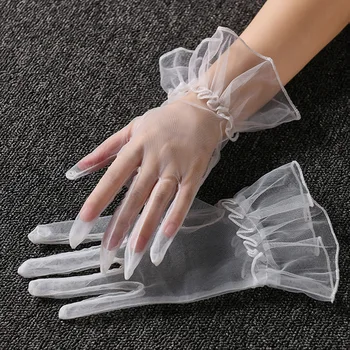1 Пара женских коротких тюлевых перчаток Прозрачные Вечерние перчатки с полными пальцами Эластичные Ультратонкие Сексуальные Кружевные перчатки Декор для дам