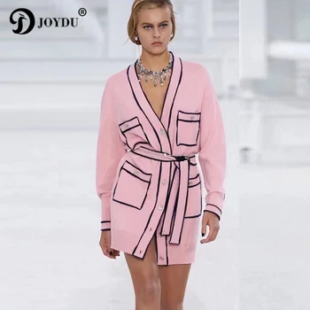 2022 Новый Весенний дизайн для подиума, Розовый вязаный Длинный кардиган, Женский свитер с V-образным вырезом, 5 буквенных пуговиц, карманы, Контрастный халат, куртка с поясом
