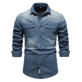 2023 Высококачественная мужская мода тяжелой промышленности, застиранная старая джинсовая рубашка в полоску, мужская джинсовая рубашка с длинными рукавами, пальто-топ