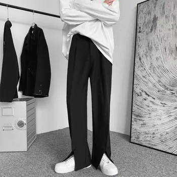 2023, Крутая высококачественная мужская одежда, прямые брюки в японском стиле в западном стиле, повседневные брюки с разрезом, Черный цвет, Красивые брюки