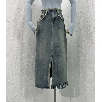 2023 Летние женские джинсовые длинные юбки Миди в Корейском стиле, винтажные повседневные Элегантные юбки-трапеции с высокой талией Q594