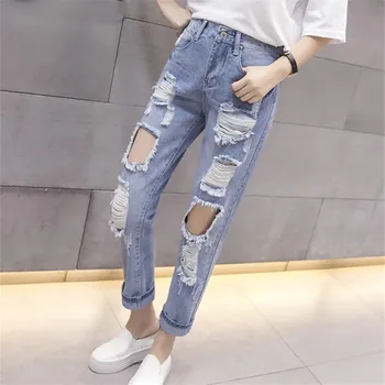 2023 Новые женские модные джинсы для бойфренда со средней талией и большими рваными дырами, повседневные джинсовые брюки для хай-стрит, женские джинсовые брюки-шаровары
