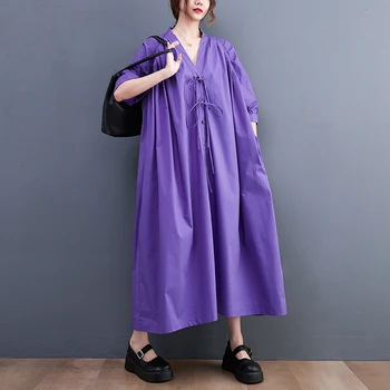 2023 Новый Японский стиль с V-образным вырезом, однобортное Шикарное летнее платье уличной моды для девочек, женское повседневное свободное платье миди для путешествий