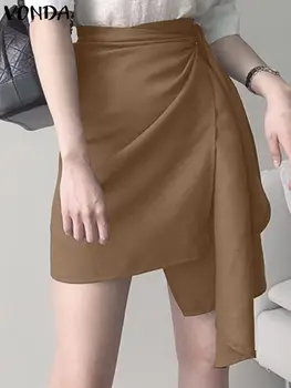 2023 Элегантные женские мини-юбки VONDA, Однотонная Бандажная юбка для вечеринок, Летние Повседневные Тонкие Плиссированные Облегающие Короткие штаны с оборками