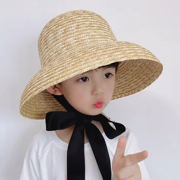 202305-2508847 ins ЛЕТНЯЯ детская соломенная кепка ручной работы в стиле Хепберн с лентой для девочек, детская рыболовная шляпа для отдыха