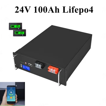 24V 100AH Lifepo4 Литиевая Батарея Bluetooth BMS APP для Автодомов Солнечной Энергии RV EV AGV Фотоэлектрический Накопитель + Зарядное Устройство 10A
