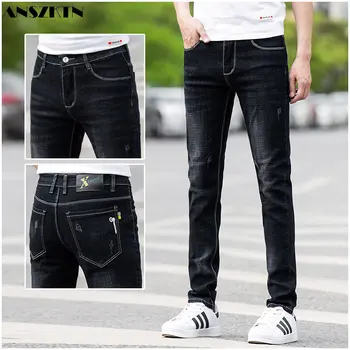 ANSZKTN Высококачественные мужские облегающие осенне-зимние повседневные легкие деловые джинсы на резинке плюс флисовые брюки