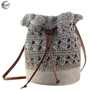Abuyall Женская круглая соломенная сумка-ведро, сумка-хобо на плечо, летняя пляжная сумка на шнурке, выдалбливают тканый кошелек ручной работы в богемном стиле