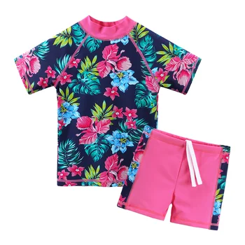BAOHULU UPF50 + Детские купальники с цветочным рисунком, Купальник с короткими рукавами для девочек, Комплект из двух предметов, Детский комплект бикини, Танкини для плавания, Пляжная одежда