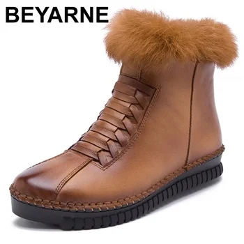 BEYARNE/ Женские ботинки ручной работы из натуральной кожи, ботильоны на плоской подошве с кроличьим мехом, женские зимние ботинки, теплая повседневная обувь Botas Mujer