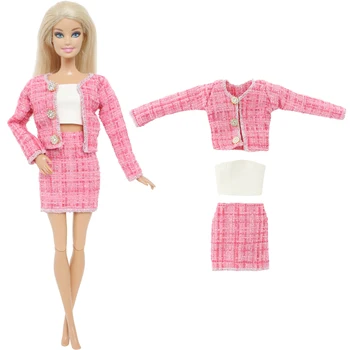 BJDBUS 3 шт. Модное кукольное платье в розовую клетку, костюм с длинными рукавами, мини-юбка, одежда для куклы Барби, аксессуары для кукольного домика, детские игрушки