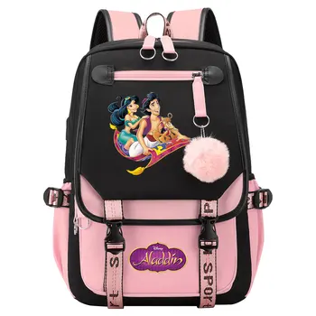 Disney Jasmine Princess Для мальчиков и девочек, детские сумки для школьных книг, женский USB-рюкзак, подростковый холщовый рюкзак для ноутбука, студенческий рюкзак