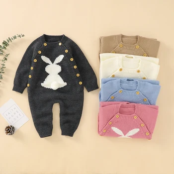 FOCUSNORM, 4 цвета, Пасхальные Дни, Комбинезоны для маленьких девочек и мальчиков, брюки с принтом Кролика, Двубортный вязаный свитер, комбинезон 0-24 м