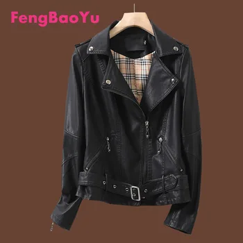Fengbaoyu Осенне-зимнее женское короткое пальто из овчины, Красная кожаная куртка, блузка в мотоциклетном спортивном стиле, Винтажная женская одежда