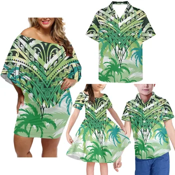 HYCOOL, Гавайский отпуск, пальмовый принт, зеленый, 4 шт., одинаковые семейные наряды, Полинезийский племенной комплект для мамы и дочки с открытыми плечами