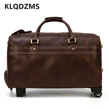KLQDZMS 22-дюймовый Новый мужской кожаный чемодан-тележка, деловой ретро-чемодан из воловьей кожи на колесиках, багаж большой вместимости на колесиках