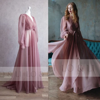 LO & LI Элегантный свадебный халат из розовой органзы для женщин, свадебный утренний халат, длинная пижама с V-образным вырезом и поясом, бесплатная доставка, сшитая на заказ