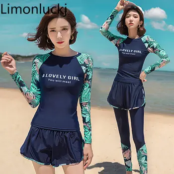 Limonluckj, комплекты бикини из трех частей, купальники с длинными рукавами и принтом, женские купальники в корейском стиле, купальники для плавания, женские наряды для плавания