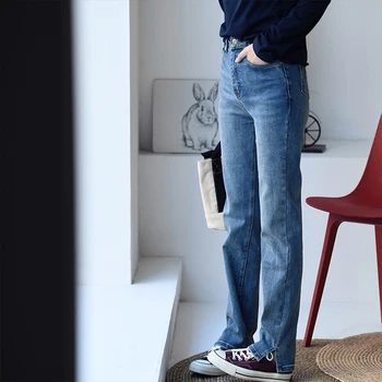 MICOCO N7828C, художественная стирка, белый с царапинами, боковой разрез, высокая талия, прямые джинсовые брюки, женские