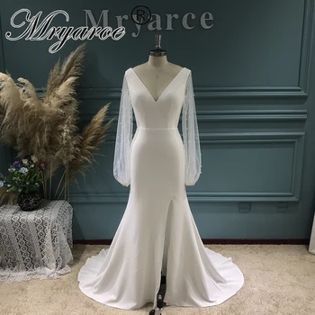 Mryarce Съемные рукава с жемчугом, глубокий V-образный вырез, Открытая спина, свадебное платье из эластичного крепа, свадебные платья Русалки