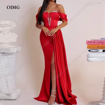 OIMG Красное блестящее платье для официальных мероприятий в форме сердца с открытыми плечами, атласные платья для выпускного вечера без рукавов с разрезом сбоку, женские вечерние платья