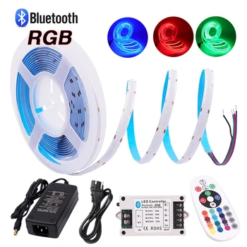 RGB COB Strip 12V 24V Bluetooth APP Control С адаптером питания 840 светодиодов / М с высокой плотностью гибкой ленты, веревки, брелка, светодиодной подсветки