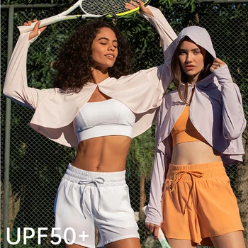 SHINBENE UPF50 + Солнцезащитное пальто Женское Дышащее С капюшоном, Прохладный топ с длинным рукавом, Спортивное Пожатие плечами