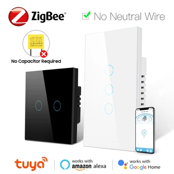 Tuya Smart Life Zigbee Сенсорный настенный выключатель света Без нейтрального провода, конденсатор не требуется, Управление приложением Совместимо с Alexa Google Home