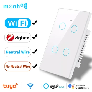 Tuya WiFi/Zigbee 3.0 Smart Light Touch Switch Не Требуется Нейтральный провод и не требуется Нейтральный провод Сенсорный Настенный Выключатель Alexa Google Home