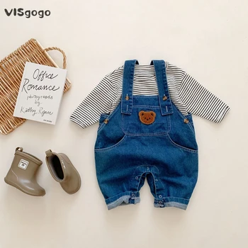 VISgogo/Весенне-осенняя одежда для малышей, джинсовый комбинезон с вышивкой Медведя, Черная футболка в полоску для маленьких мальчиков и девочек, Милый комплект