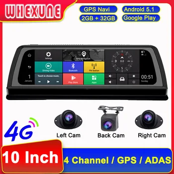 WHEXUNE 4-Канальный 10-Дюймовый Android 4G Приборная Панель Автомобиля Auto 360 ° DVR ADAS Видеомагнитофон WIFI Dash Cam GPS Навигационная Камера Зеркало
