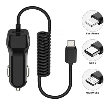 Автомобильное зарядное устройство 3 типов с пружинным кабелем Micro USB Type C для iPhone 12 11 XR 8 Прикуриватель USB автомобильное зарядное устройство для грузовика для телефона