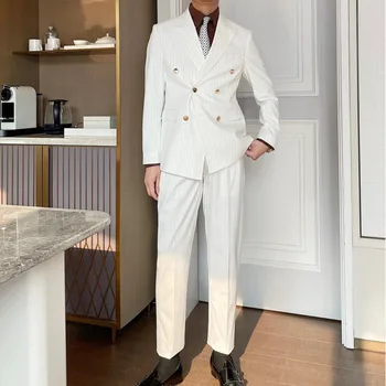 Белый двубортный британский дизайнерский костюм из двух частей, костюм для свадебной вечеринки, мужской костюм для банкета жениха, приталенный костюм Homme Mariage