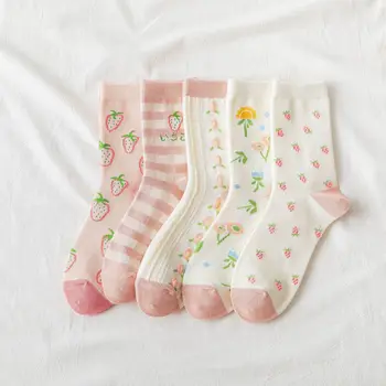 Весенне-Осенние Носки для Женщин с Милым Клубничным Принтом, Розовые Носки Средней длины в стиле Харадзюку, Популярные Сладкие Хлопчатобумажные Носки Kawaii Socks