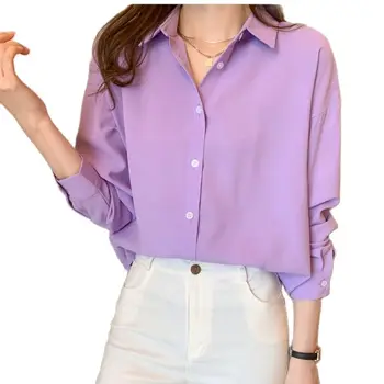 Весенне-летняя женская рубашка Модный однобортный свободный топ с длинным рукавом Корейская элегантная Однотонная офисная женская рубашка 2023 Новинка