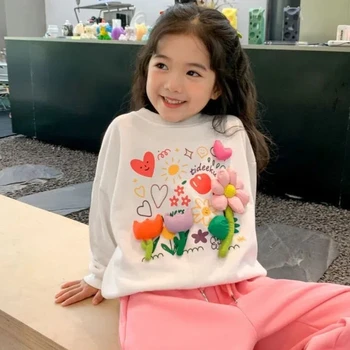Весенне-осенний свитер с объемными цветами для девочек, Осень 2023, Новая детская одежда, Детский Топ с принтом в иностранном стиле