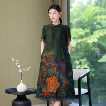 Весеннее модное женское шелковое платье с принтом в китайском стиле 2023, элегантное улучшенное Ципао с коротким рукавом, свободное, непринужденное платье для отпуска