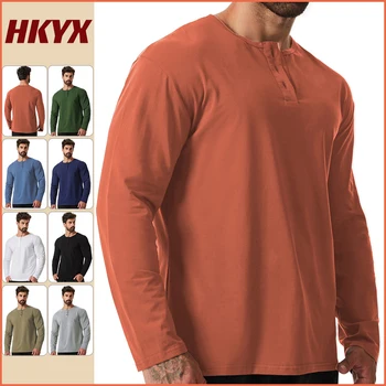 Весенняя мужская футболка с круглым вырезом и пуговицами, Однотонная, для бега, тренировок с длинным рукавом, Дышащий Свободный пуловер с V-образным вырезом