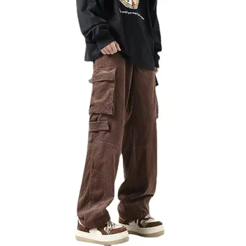 Высококачественные американские брюки-карго, мужские прямые свободные широкие брюки в стиле ретро с множеством карманов, повседневные брюки