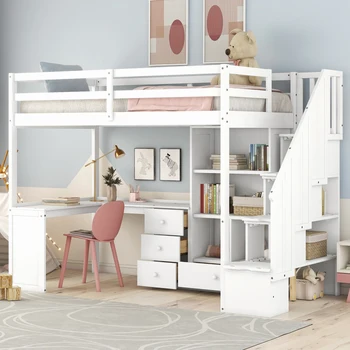 Двуспальная кровать-чердак с Г-образным столом и выдвижными ящиками, шкаф и лестница для хранения, белый