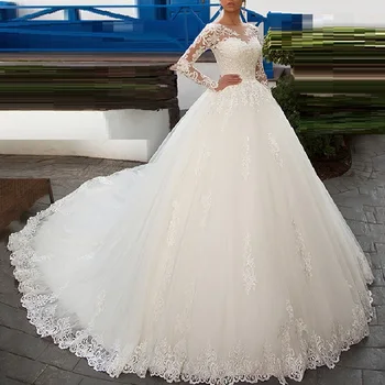 Двухслойное кружевное бальное платье принцессы Свадебное платье с кружевными аппликациями с длинным рукавом vestido De Noiva Со шлейфом Невесты для новобрачных