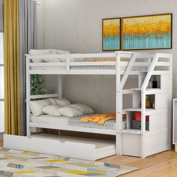 Двухъярусная кровать Twin-Over-Twin с выдвижным ящиком Twin Size и 3 лестницами для хранения вещей \ Белый (СТАРЫЙ артикул: LP000064AAK) Массив белого дерева