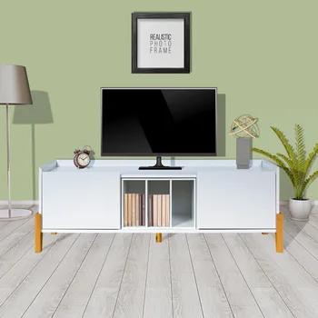 Деревянная подставка для телевизора с диагональю до 55 дюймов, мультимедийная консоль с 2 шкафами и открытыми полками для хранения, телевизионная консоль для гостиной (белая)