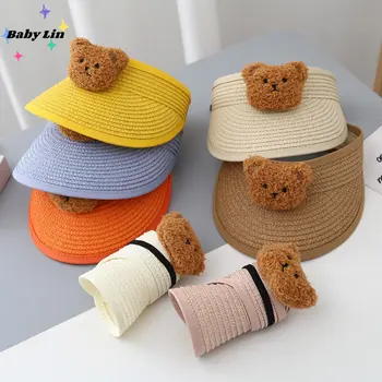 Детская летняя шляпа, соломенная кепка с козырьком, тканая солнцезащитная пляжная шапка с медведем, солнцезащитные кепки для маленьких девочек, пляжные кепки для новорожденных мальчиков