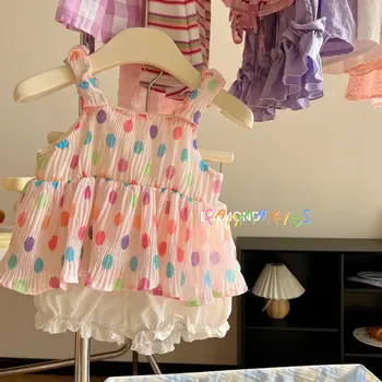 Детская одежда, Комплект Платья для маленьких девочек, Топ на бретельках для куклы в горошек + Однотонные Шорты, Комплект из двух предметов, Лето 2023