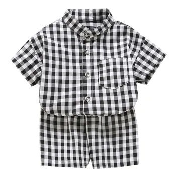 Детские комплекты одежды в клетку для маленьких девочек И мальчиков, Летняя хлопковая рубашка с коротким рукавом и отложным воротником, шорты, одежда из 2 предметов