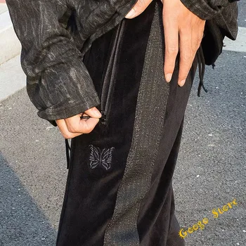 Джоггеры в стиле хип-хоп, черные брюки AWGE Rocky в полоску, женские, мужские повседневные бархатные спортивные штаны с вышивкой бабочкой, брюки Japan Needles